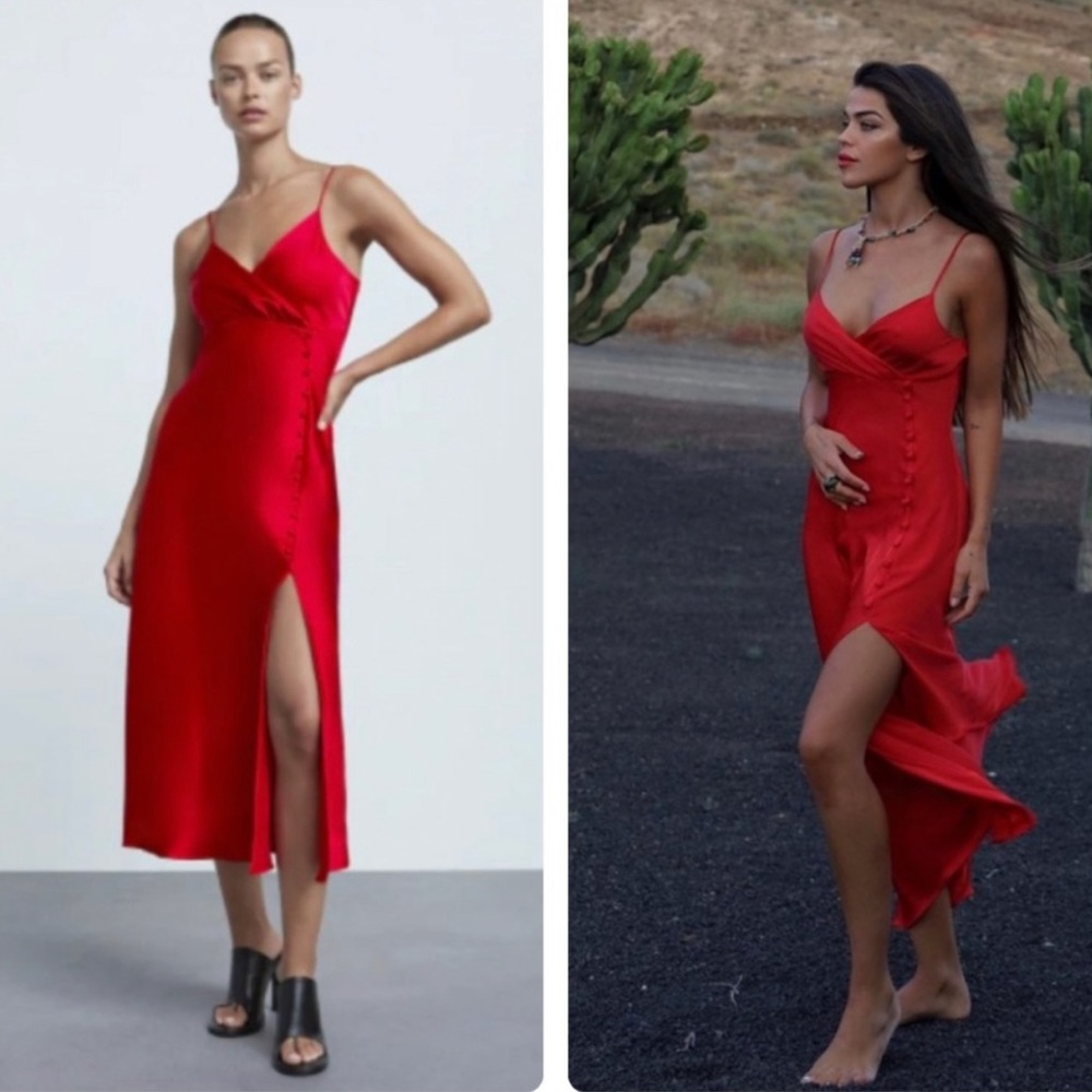 Zara Red Satin Slip Midi Dress
